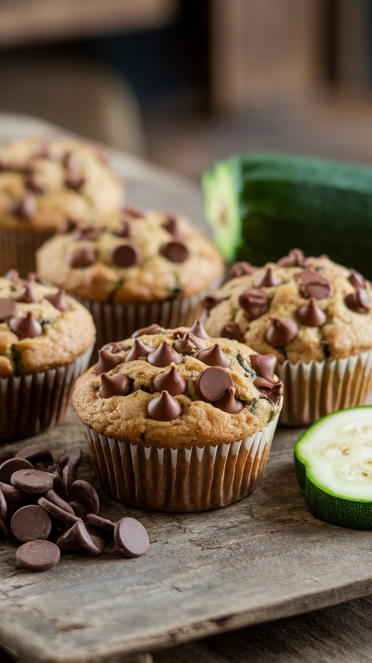 Delicious chocolate chip zucchini muffins on a wooden table with zucchini and chocolate chips.